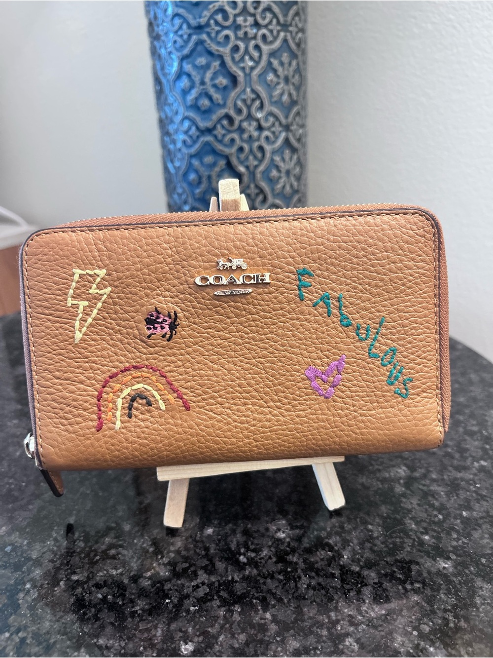 Coach Brown Leather Zip Wallet with Diary Embroidered Accents